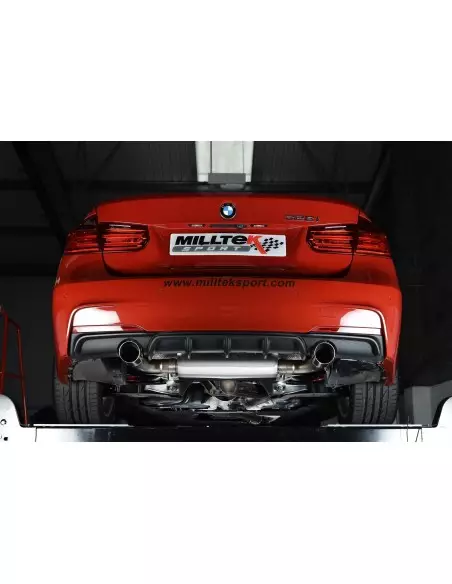 BMW 328i automat F30 Milltek Cat-Back 2x 90 chrome GT utblås (kräver 335i F30 diffuser) - Non-Resonated (mindre-dämpad)