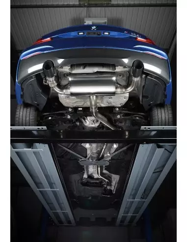 BMW M235i (ej X-drive) Milltek Sport Cat-Back 2x 90 svarta GT utblås - Non-Resonated (mindre-dämpad) med avgasventiler
