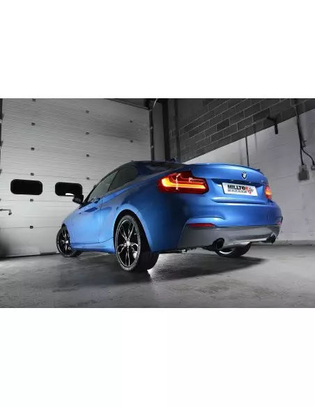 BMW M235i (ej X-drive) Milltek Sport Cat-Back 2x 90 svarta GT utblås - Non-Resonated (mindre-dämpad) med avgasventiler